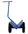 Workhorse V Groove Pipe Mover With Heavy Duty Pneumatic Wheels Built Tough For Zero Sweat Moving Of Massive Steel Pipes Anywhere On Your Next Big Project - front view with V-shaped base and two large wheels.