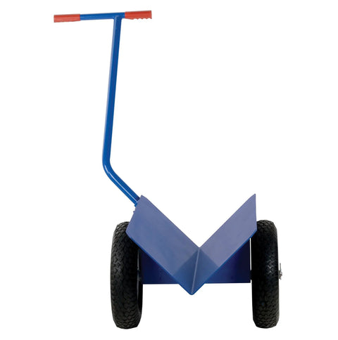 Workhorse V Groove Pipe Mover With Heavy Duty Pneumatic Wheels Built Tough For Zero Sweat Moving Of Massive Steel Pipes Anywhere On Your Next Big Project - front view with V-shaped base and two large wheels.