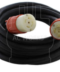 Roughneck Nema L21 30 Power Cord 100 Foot 3 Phase Industrial Rubber Extension Cable With Secure Locking Plugs angled view showcasing plugs.