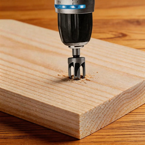Eight Piece Wood Plug Cutter Drill Bit Set delivering smooth as butter coverage, drilling into wood with a tapered hex shank.