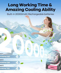 Image of 20000mAh Portable Camping Fan With LED Light Battery Powered Quiet Operation USB A And USB C Ports For Travel On The Go Tent Beach Car Or Power Outages For 16 To 64 Hours Of Runtime Pink with speed settings display and a serene woman in a mountainous background.