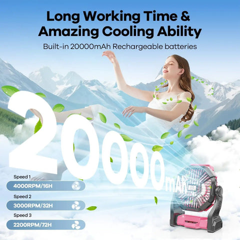 Image of 20000mAh Portable Camping Fan With LED Light Battery Powered Quiet Operation USB A And USB C Ports For Travel On The Go Tent Beach Car Or Power Outages For 16 To 64 Hours Of Runtime Pink with speed settings display and a serene woman in a mountainous background.