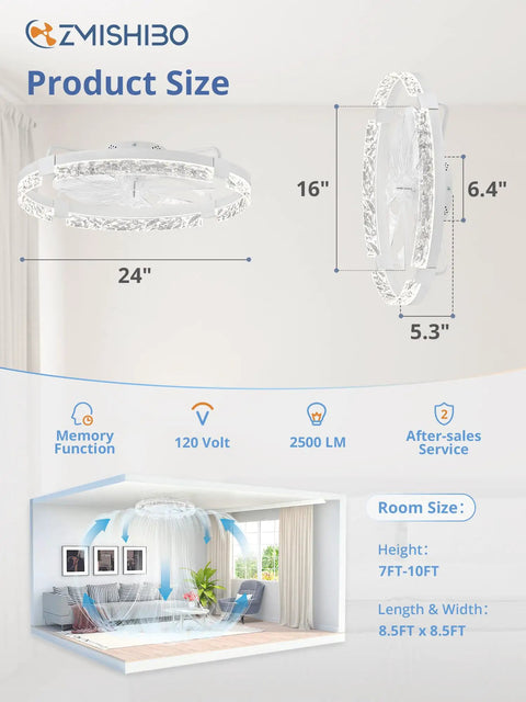 24 Inch Ceiling Fan With LED Lights And Smart App Remote Flush Mount Design Provides Legit Wide Airflow For Bedrooms And Living Rooms Straight Up Smooth Daily Cooling shown from above with measurements.