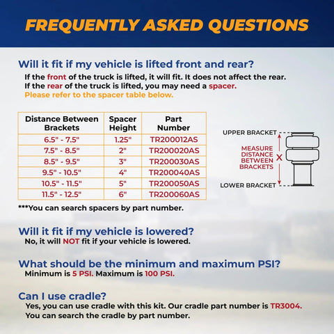 TORQUE airbag suspension kit FAQ poster showing bracket spacing chart and part numbers TR200012AS–TR200060AS