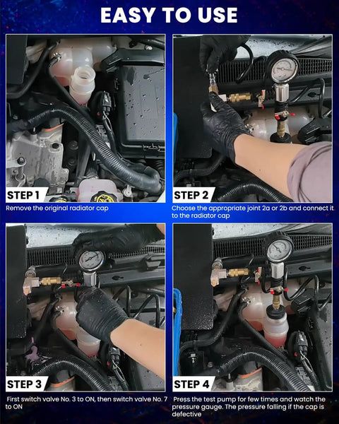 Image depicting installation steps for Pro Grade Coolant Pressure Tester And Radiator Vacuum Refill Kit including tools and connections.