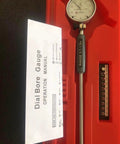 Front view of LLDSIMEX dial bore gauge set in red case, 0.7-1.5 in range with 0.0005 in graduations, manual included
