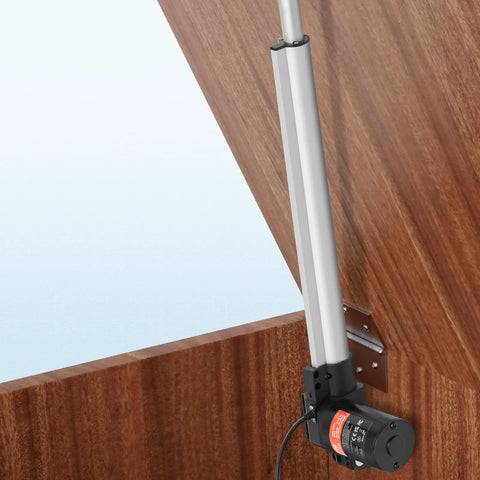12V 16-in aluminum heavy-duty linear actuator installed on wood panel with mounting bracket