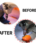Comparison of sewing machine needle area before and after using the Magnetic Seam Guide Set For Sewing Machines Upgraded Polygonal Hemmer.
