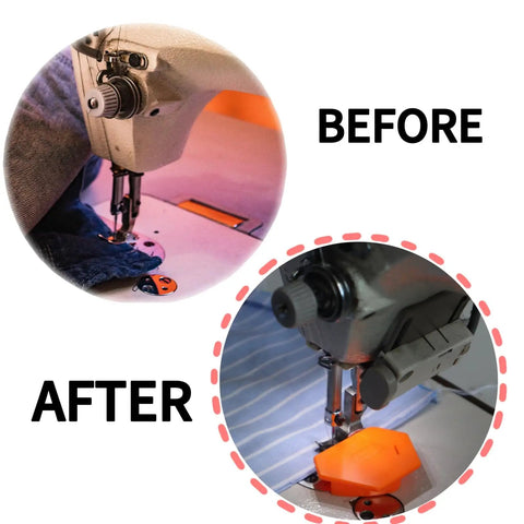 Comparison of sewing machine needle area before and after using the Magnetic Seam Guide Set For Sewing Machines Upgraded Polygonal Hemmer.