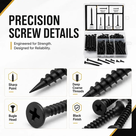 Close-up of drywall screw set, 130 piece assortment with six sizes, self-tapping bugle head, black oxide for fast DIY finishes.