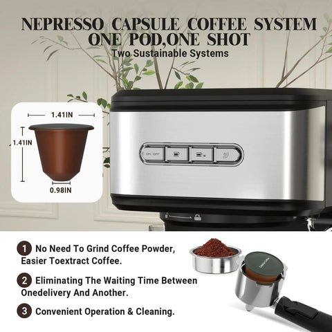 Top Shelf 20 Bar Espresso Machine With Integrated Milk Frother And Steam Wand Heavy Duty 1100 Watt Stainless Steel coffee maker, with capsule.