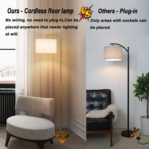 Comparison of a cordless battery powered floor lamp with remote control vs a plug-in lamp, showing flexibility in room placement.