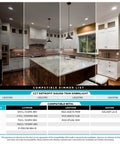 Modern kitchen with LED recessed downlights, featuring CCT retrofit round trim downlight compatibility chart.