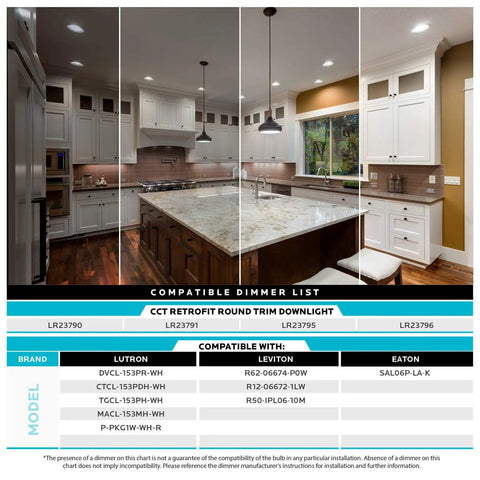 Modern kitchen with LED recessed downlights, baffle trim, focused on compatibility chart for dimmable lighting systems.