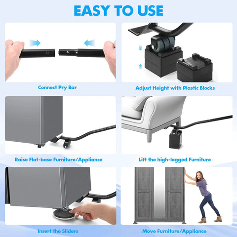 Move Heavy Furniture And Appliances Like A Boss With This Lifter Tool And 8 Pack Of 3.5 Inch Sliders Cut Your Effort By 80 Percent With The Lift And Glide System Reusable Moving Pads And Floor Protectors For Carpet Or Hardwood