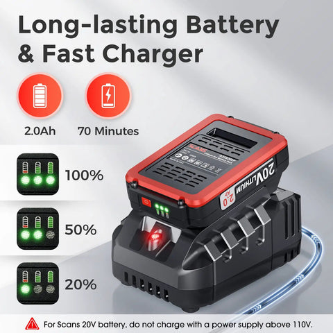 Cordless Impact Driver Set With 20V Brushless Power and Fast Charger showing battery charge levels