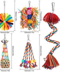 Colorful All In One Bird Toy Set with rope perch, bell, foraging, chewing, shredding toys for parrots, conures, cockatiels, budgies.