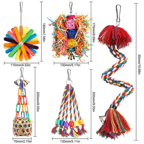 Colorful All In One Bird Toy Set with rope perch, bell, foraging, chewing, shredding toys for parrots, conures, cockatiels, budgies.