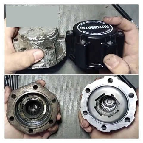 Automatic Mechanical Wheel Locking Hub With 28 Splines comparison, showcasing new and old hubs for Nissan D22 and Xterra.