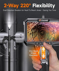 Dual Lens Articulating Borescope With 1080P Endoscope Camera, Two Way Flex Probe, 5.3ft Semi Rigid Cable For Engines, Pipes, HVAC Ducts And Industrial Equipment See Hidden Damage Clearly. handheld borescope screen and 220° pipe inspection view