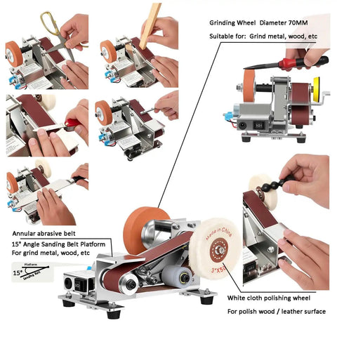 Mini Belt Sander And Electric Knife Sharpener Featuring A Snappy 15 Degree Bevel Plus 90 Angle Stand in use on wood and metal.