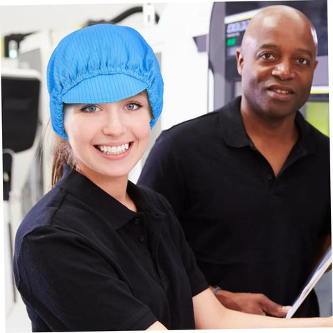 Top Shelf Anti Static Work Cap Set Slick Blue Protective Hats For Cleanrooms Industrial Workshops Factory Floors. Woman wearing blue cap.