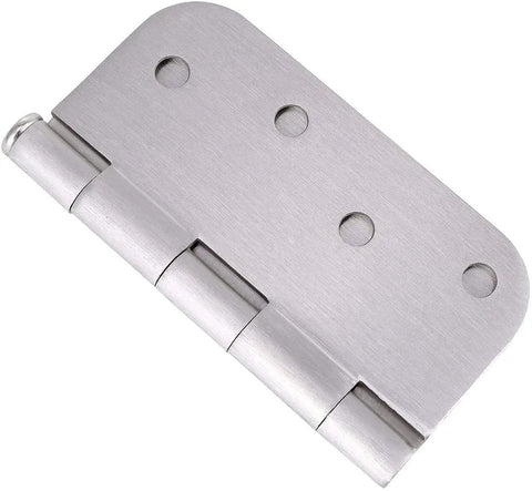 Close-up of satin nickel hinge, 3.5x3.5 inches, with 5/8 radius from 18 Pack 3.5 Inch Satin Nickel Door Hinges Reversible Five Eighths Radius For Exterior And Interior Doors Residential And Commercial Use Entryway Patio And More.