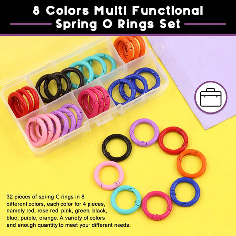 32Pcs 8 Colors 25mm 1 Inch Round Spring O Rings Assortment Kit With Carbon Steel Buckles Snap Hooks Keyring Rings