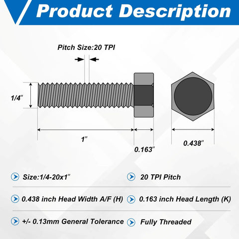 Side view of 1/4-20 x 1 in stainless steel hex head bolt, fully threaded with dimension callouts