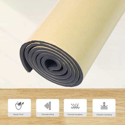 Premium Closed Cell Neoprene Foam Sheet With Adhesive Backing 12 X 59 X One Quarter Inch rolled for sound dampening and insulation.