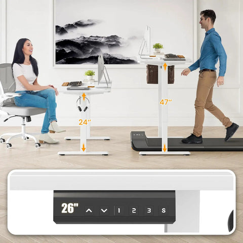 Electric Standing Desk With Four Memory Presets And No Sweat Height Adjustment In White, ergonomic design with user adjusting seated and standing positions.