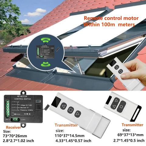Front view of RF motor control switch kit: black receiver with green terminal block and two white transmitters for 12V motors.