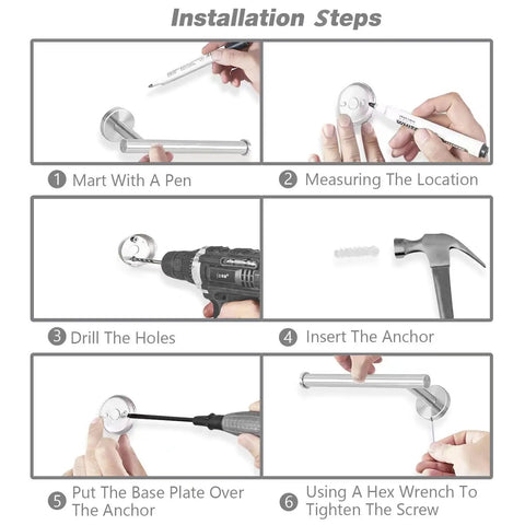 Installation steps for Brushed Nickel 2 Piece Towel Bar Set For Bathroom, featuring drill and anchor tools in six panels.