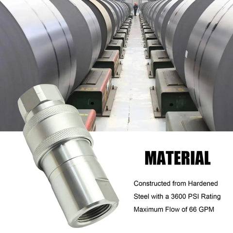 Heavy Duty 1 Inch ISO 5675 Hydraulic Quick Connect Coupler Set With Pioneer Style 1 Inch NPT Thread Poppet Valve Ball Seat Valve Options 66 GPM Compatible With Tractors And Farm Equipment displayed with steel rolls background, 3600 PSI rating, 66 GPM flow.