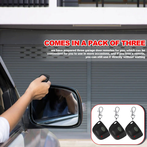 Person using Three Pack Garage Door Opener Remote Compatible With Multicode 300MHz 10 Dip Switch 3089 3060 3070 shown in detail