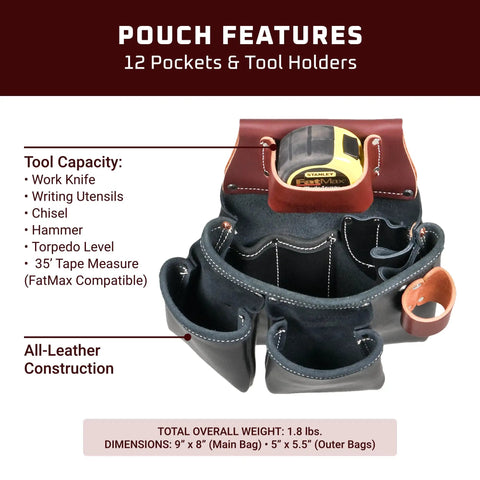 3 Pouch Pro Tool Bag With Tape Holder Black Heavy Duty Organizer With 12 Pockets And Tool Holders Durable American Made Construction Ideal For Carpenters And Electricians On The Job featuring leather construction with included tape measure
