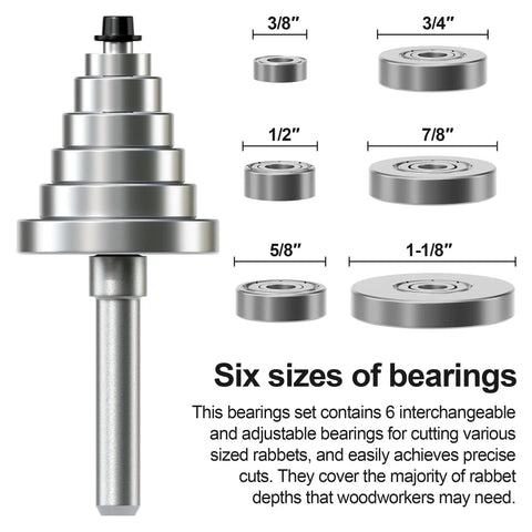 Pro Grade Rabbet Router Bit Set With 1/4 Inch Shank And 6 Interchangeable Bearings for multi depth cuts, image showing six bearing sizes