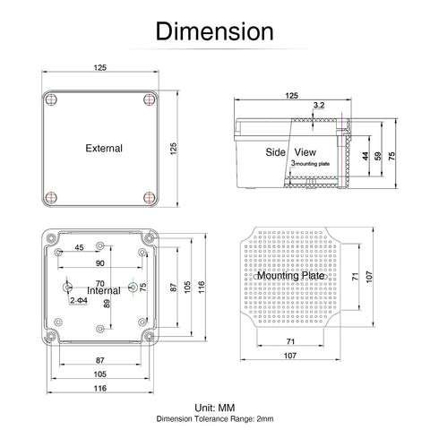 Outdoor Junction Box IP67 Waterproof Project Box Made From Durable ABS Plastic Weatherproof Electrical Enclosure dimensions diagram