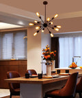 Sputnik 12-Light Black Chandelier for Living Room and Dining Area illuminating a modern kitchen with mid-century vibe.