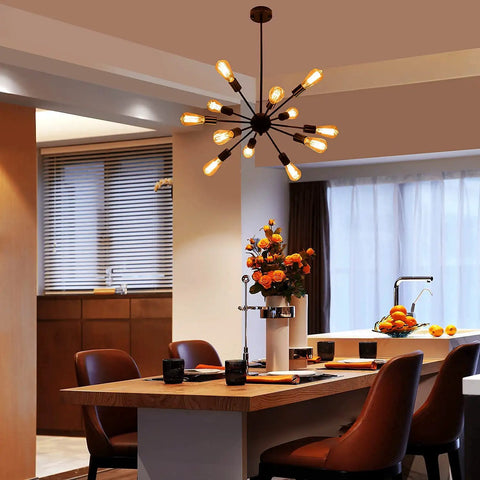 Sputnik 12-Light Black Chandelier for Living Room and Dining Area illuminating a modern kitchen with mid-century vibe.