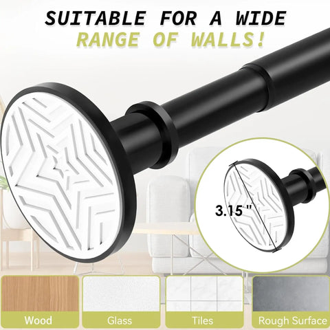 No Drill No Screw Adjustable Tension Curtain Rod with anti-slip end for varied wall surfaces, 31 to 112 inches, matte black.