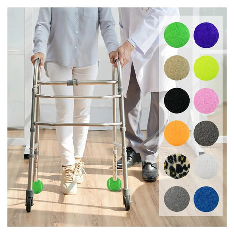 Person using walker with 12 Pack Precut Tennis Ball Glides for Walkers Easy Slip On Felt Pad Covers visible on legs