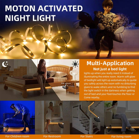 9.84 Foot Motion Activated LED Strip Lights Warm White USB Powered With Motion Sensor for bed lighting and stairs