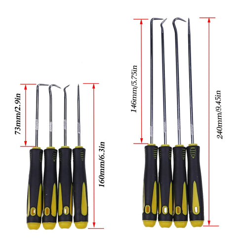 Set of eight seal hooks included in Adjustable Gland Nut Wrench Set For Hydraulic Cylinders Three Quarter And One Half Inch Must Have Eight Piece Install Tool Set And Three Piston Rod Seal U Cup Installation Tools Universal J05321 Hydraulic Cylinder Tools.