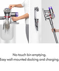 V8 Plus Cordless Vacuum Cleaner for Hard Floors and Carpets, Detangles Hair and Pet Hair, shown with bin and wall mount
