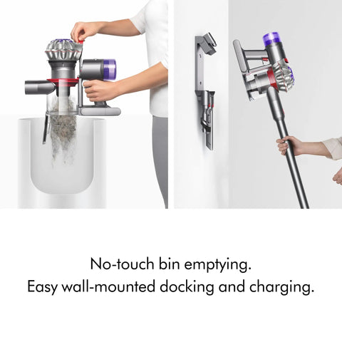 Cordless Vacuum Cleaner With Motorbar Cleaner Head For All Floors, shown with no-touch bin emptying and wall dock charging.
