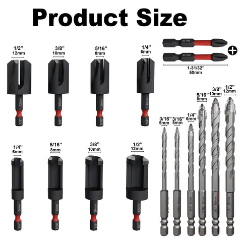 Wood Plug Cutter Drill Bit Set 16-Piece With Straight And Tapered Cutters Masonry Bits PH2 Screwdriver Bits sizes shown