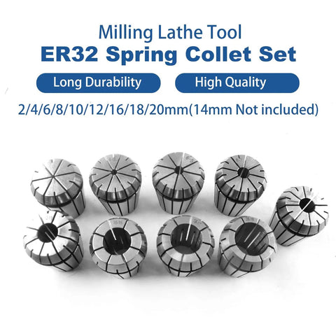 9 Piece ER32 Spring Collet Set For CNC Milling Lathe Engraving Machines, showing 9 steel collets with size markings 2-20mm