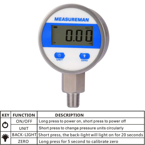 Digital Industrial Vacuum Gauge With Two And One Half Inch Dial One Quarter Inch NPT Lower Mount Stainless Steel Case And Connection 15 PSI One Percent Accuracy Battery Powered With LED Backlight display