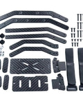 Beefy Carbon Fiber RC Chassis Frame Upgrade Kit for One Tenth Scale Crawlers and Trail Trucks with easy bolt-on parts displayed